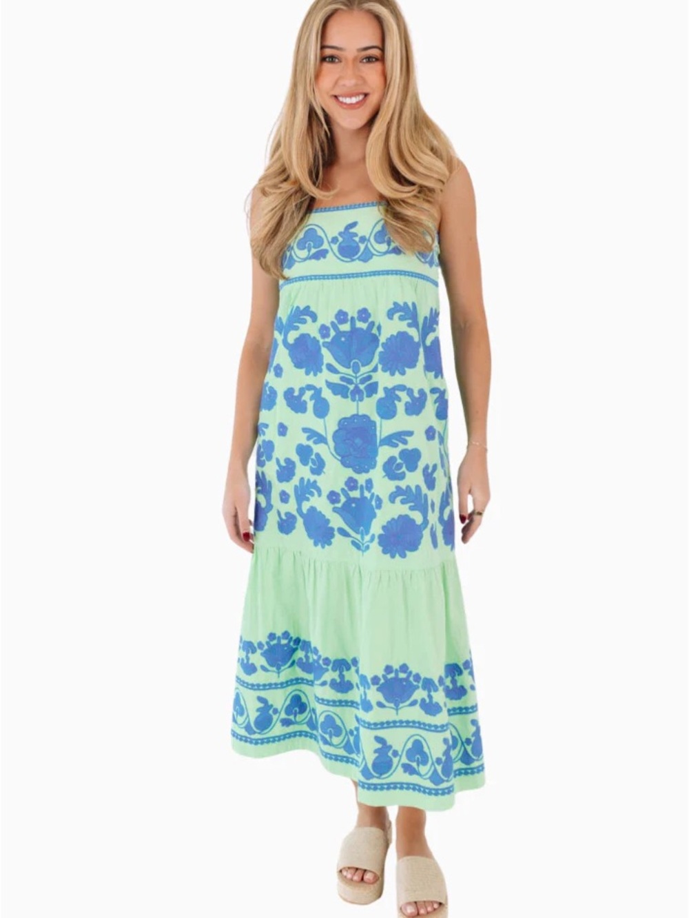 Sleeveless Mint & Blue Floral Midi Dress